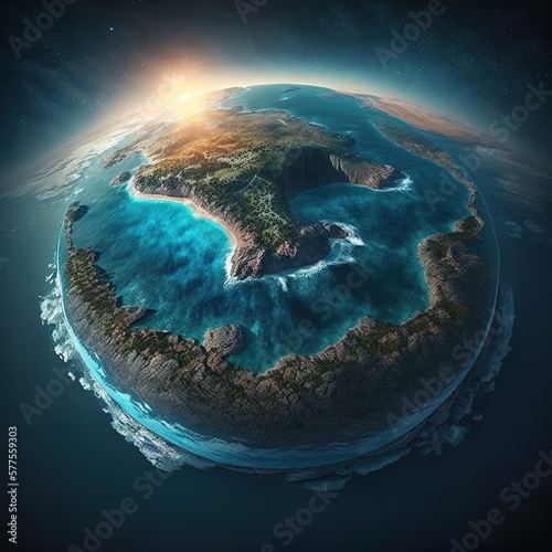 Curvature of planet Earth. Aerial view of blue planet from space. Sunrise over globe land and ocean, generative ai