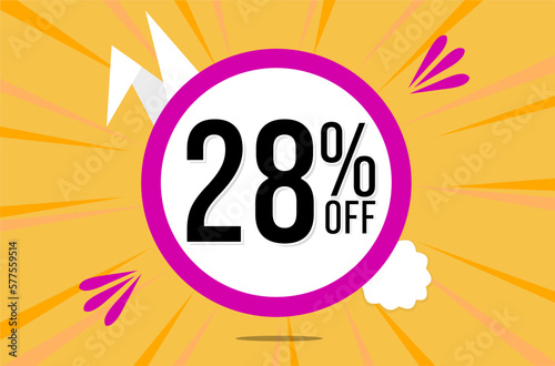 28 percent off. Orange banner with floating pink and white balloon for easter special offer and promotion.