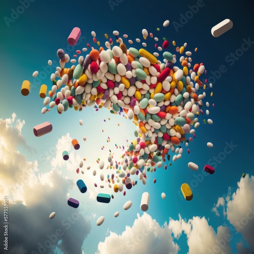 Assorted pharmaceutical medicine pills, tablets and capsules.Pills background, GENERATIVE AI photo