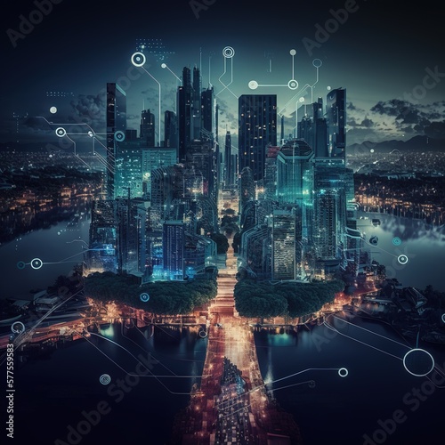 concept of smart city and abstract line and dot connect with gradient line design, big data connection technology, generative ai