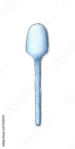 Watercolor illustration of a disposable plastic spoon. Realistic used utensils. Garbage recycling concept  discarded garbage. Isolated on white background. Drawn by hand.