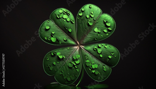 Green shinning clover leaf on black background, happy st patrick's day