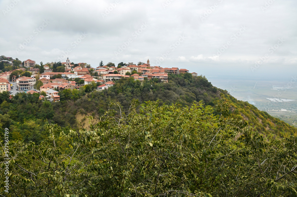 View of the residential buildings with brown tiled roofs on the hill covered colorful autumn trees at the city of Sighnaghi, Georgia