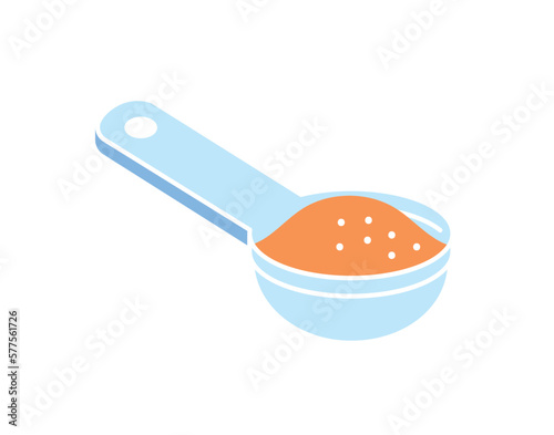 Spoon with groats. Equipment and kitchen utensils for cooking. Sticker for social networks and messengers. Ladle for measuring ingredients. Cartoon flat vector illustration