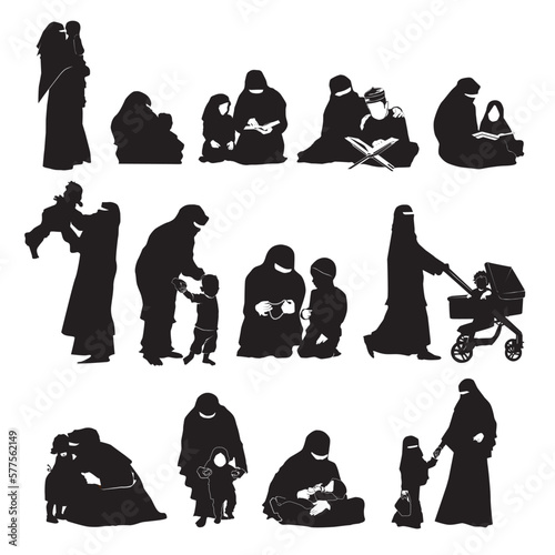 silhouette of muslim woman and child for various uses