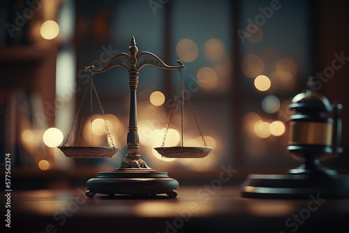 Photographie Scales of justice in the courtroom, dark lighting, punishment system for prisoners, presumption of innocence, constitution day