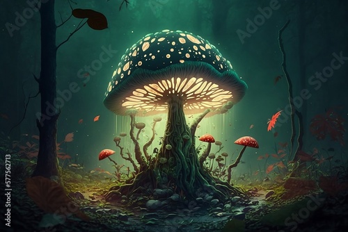 magical green mushroom in the forest