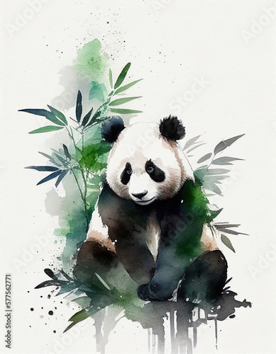 Panda Bear Japanese Style Water Color Illustration. Generative AI