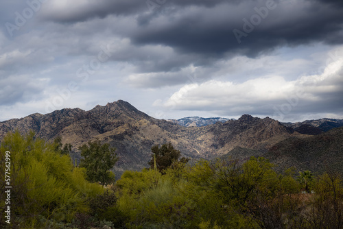 2023-03-01 THE SANTA CATALINA MOUNTAINS WITH A TOUCH OF SNOW A DARK MOODY SKY A NICE GREEN FOLIAGE IN THE FOREGROUND NEAR TUCSON ARIZONA © Michael J Magee