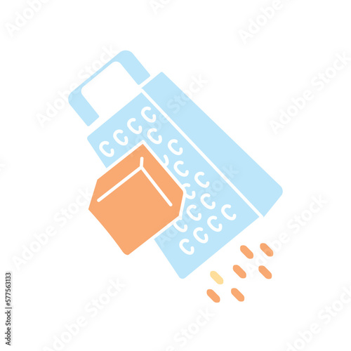 Grater with product. Cooking food and grinding ingredients for food. Kitchen utensil for vegetables and cheese. Poster or banner for website. Cartoon flat vector illustration