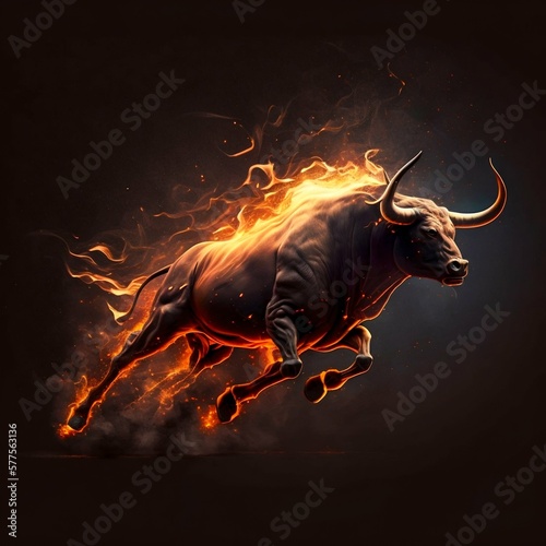 Fire flame bull on black background. Generative AI © Scrudje