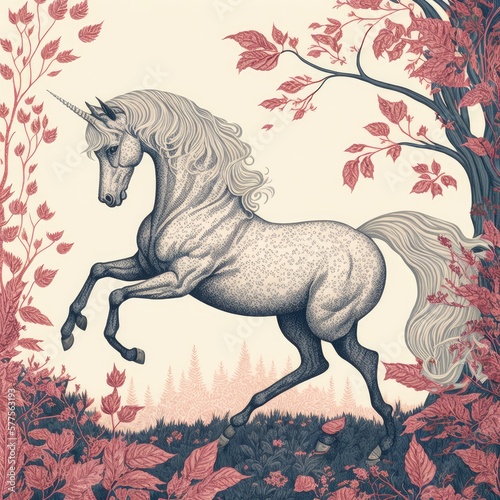 White unicorn with pink leaves on trees. Generative AI.