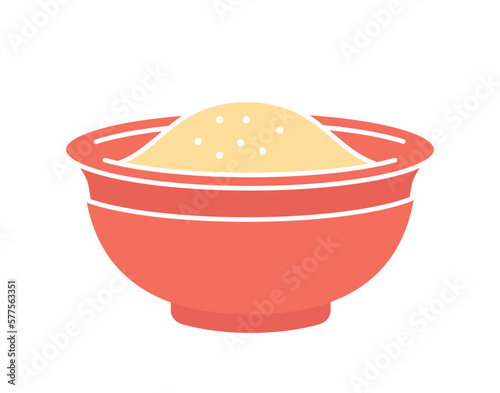 Red bowl with groats. Kitchen utensils for cooking and estimating quantity of ingredients. Equipment for cafe or restaurant. Preparation of tasty eating concept. Cartoon flat vector illustration