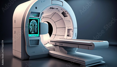 Magnetic resonance imaging scan machine MRI CT in Hospital interior. Generative AI