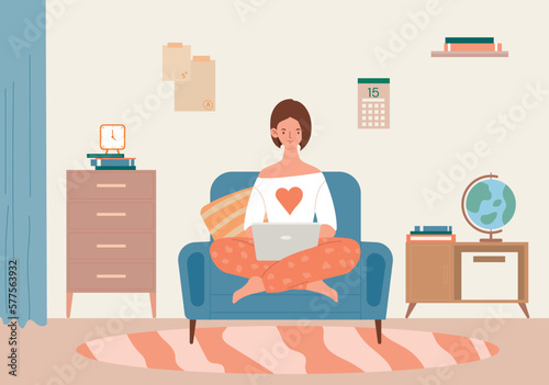 Girl studying at home. Woman sits with laptop in lotus position on armchair. Distance education and training, remote worker. Information and earnings on Internet. Cartoon flat vector illustration