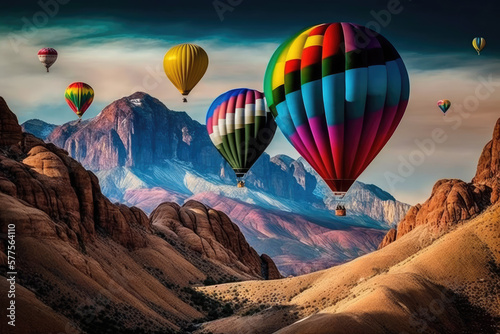 colorful hot air balloon flies over mountains. Generative AI