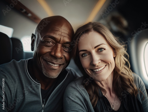 Close-up portrait of an attractive biracial couple, black man and white woman sitting on an airplane, looking at camera and smiling. Illustration created with Generative AI technology.