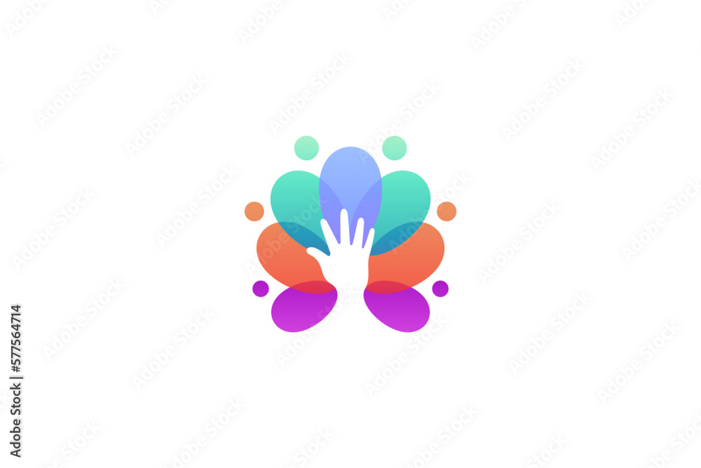 Care logo with hand symbol and various colorful shapes