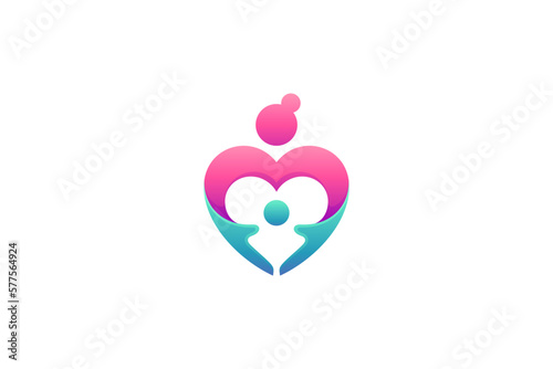 mother and child love care logo in heart shape in minimalistic design
