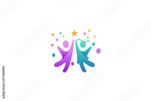 Happy kid logo in celebration style reaching for the stars in colorful design