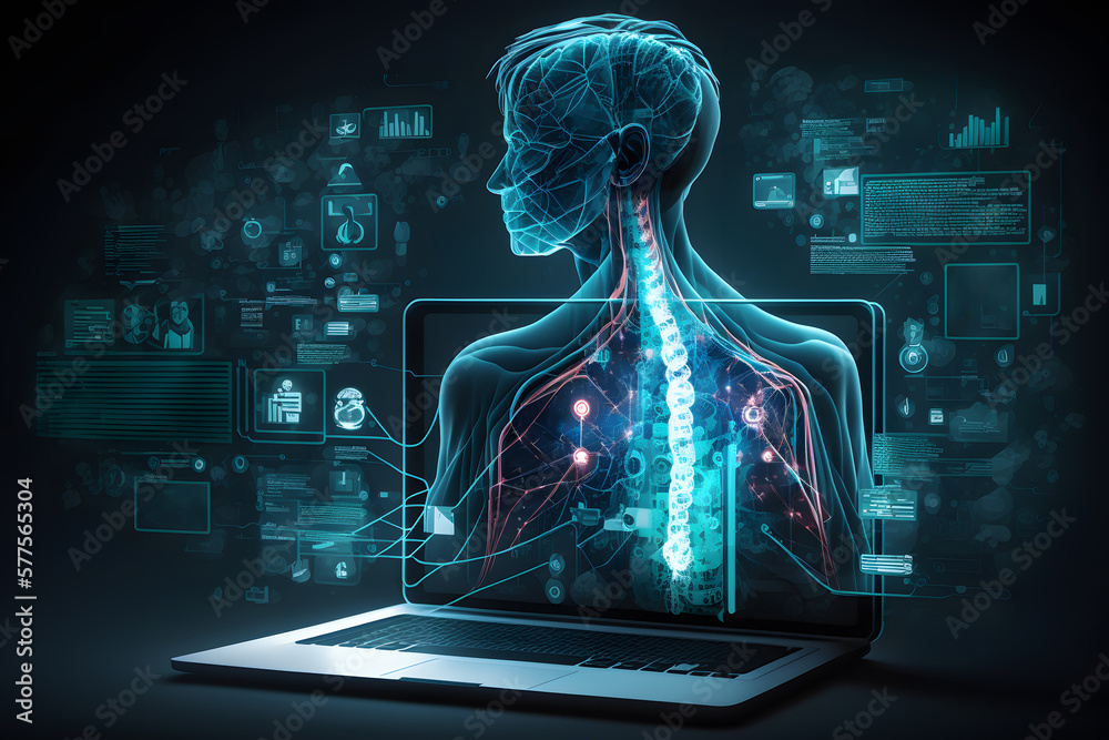 Laptopy ukazujące ludzkie ciało, szkielet. Diagnoza pacjenta, podanie wyników badań, wizyta kontrolna u lekarza. Wygenerowane AI - obrazy, fototapety, plakaty 