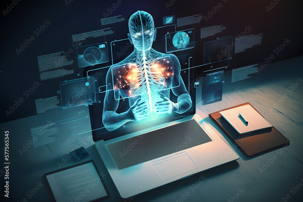 Laptopy ukazujące ludzkie ciało, szkielet. Diagnoza pacjenta, podanie wyników badań, wizyta kontrolna u lekarza. Wygenerowane AI - obrazy, fototapety, plakaty 