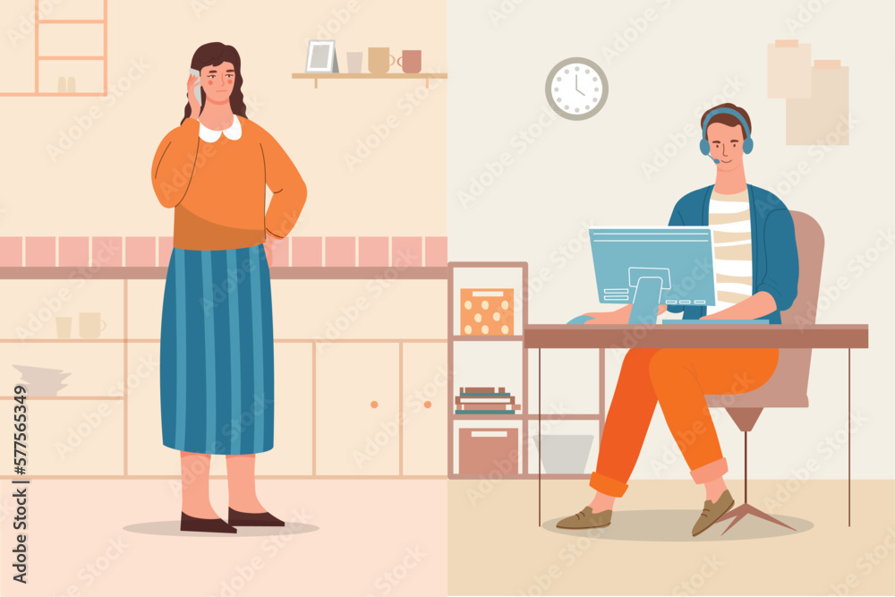 Technical support concept. Man in headphones at computer answers girls call. Assistant, feedback and hotline, FAQ. Operator of online consulting center with client. Cartoon flat vector illustration Technical support concept. Man in headphones at computer answers girls call. Assistant, feedback and hotline, FAQ. Operator of online consulting center with client. Cartoon flat vector illustration
