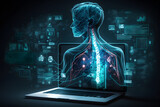 Laptopy ukazujące ludzkie ciało, szkielet. Diagnoza pacjenta, podanie wyników badań, wizyta kontrolna u lekarza. Wygenerowane AI