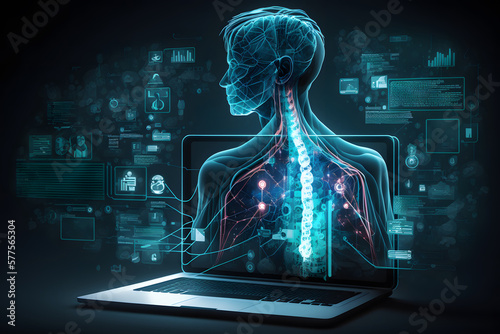 Laptopy ukazujące ludzkie ciało, szkielet. Diagnoza pacjenta, podanie wyników badań, wizyta kontrolna u lekarza. Generative AI