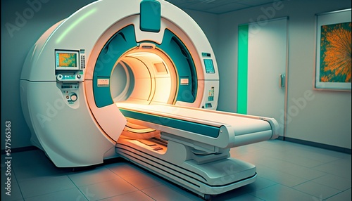 Magnetic resonance imaging scan machine MRI CT in Hospital interior. Generative AI photo