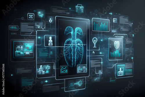 Laptopy ukazujące ludzkie ciało, szkielet. Diagnoza pacjenta, podanie wyników badań, wizyta kontrolna u lekarza. Generative AI photo