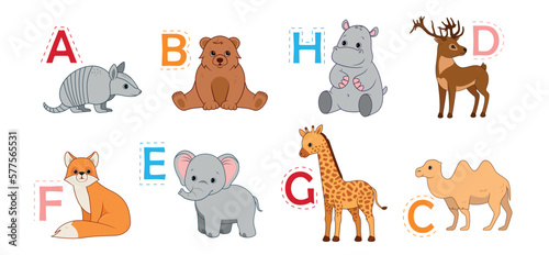 Fototapeta Naklejka Na Ścianę i Meble -  Alphabet animals set. Collection of mammals with letters. Education and learning materials for children. Bear, elephant, giraffe and fox. Cartoon flat vector illustrations isolated on white background