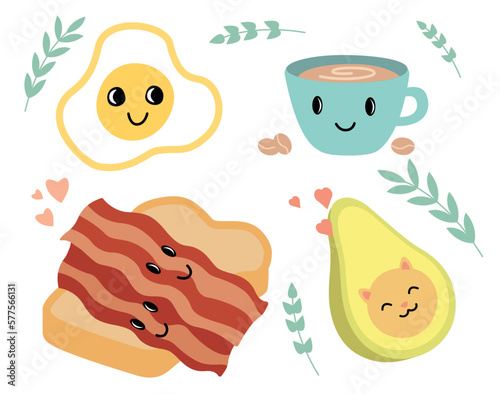 Breakfast kawaii set. Avocado, mug of tea or coffee, bacon with bread, half avocado with cats head. Poster or banner for website. Cartoon flat vector illustrations isolated on white background