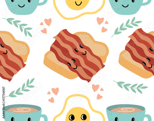 Breakfast kawaii seamless patern. Repeating design element for printing on fabric. Fried eggs and mug with hot drink, tea or coffee, bread with bacon and toast. Cartoon flat vector illustration
