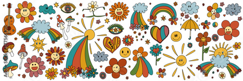 Big set retro 70s psychedelic elements, characters. Vintage hippie stickers 60s. Funky daisies, mushrooms, rainbow. Seventies groovy flowers collection. Cartoon childish hand drawn vector illustration