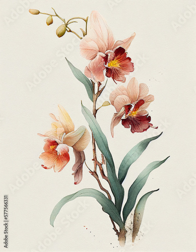 Beautiful Orchid Flower Japanese Style Watercolor Painting. Generative AI