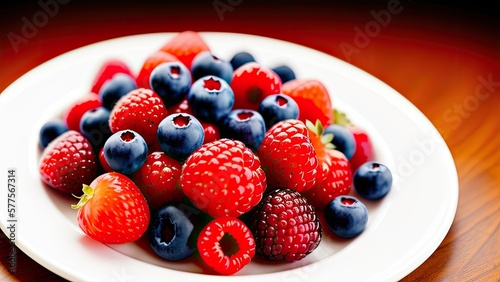 Piece of cake on a plate decorated with berries close-up