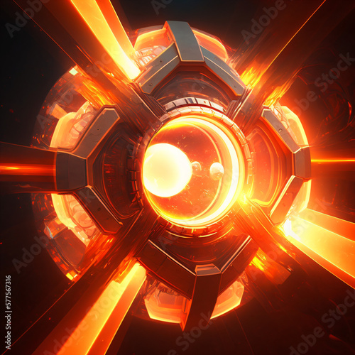 a futuristic orange tesseract exploding in space Generative Ai photo