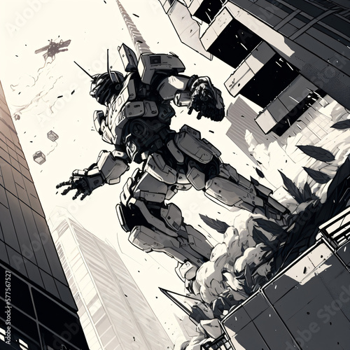 a giant black and white mecha fighting in the city manga style illustration Generative Ai