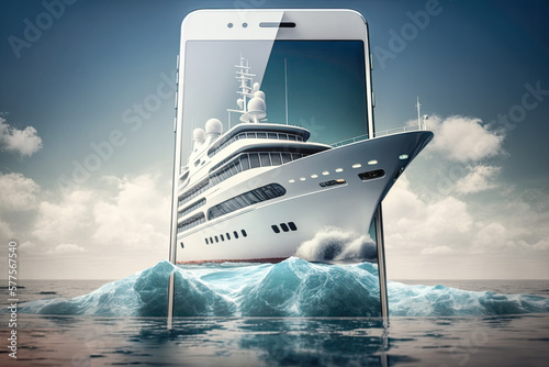 Convenience of online bookings for sea cruises and travel. The photograph features a marine cruise ship sailing out of a mobile phone, representing seamless experience of booking a cruise online Ai