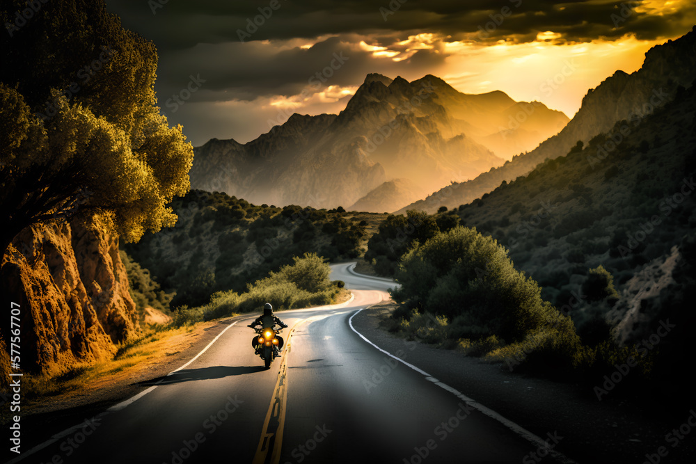 Motorcycle driver riding in Alpine landscape. Generative AI Motorcycle driver riding in Alpine landscape. Generative AI