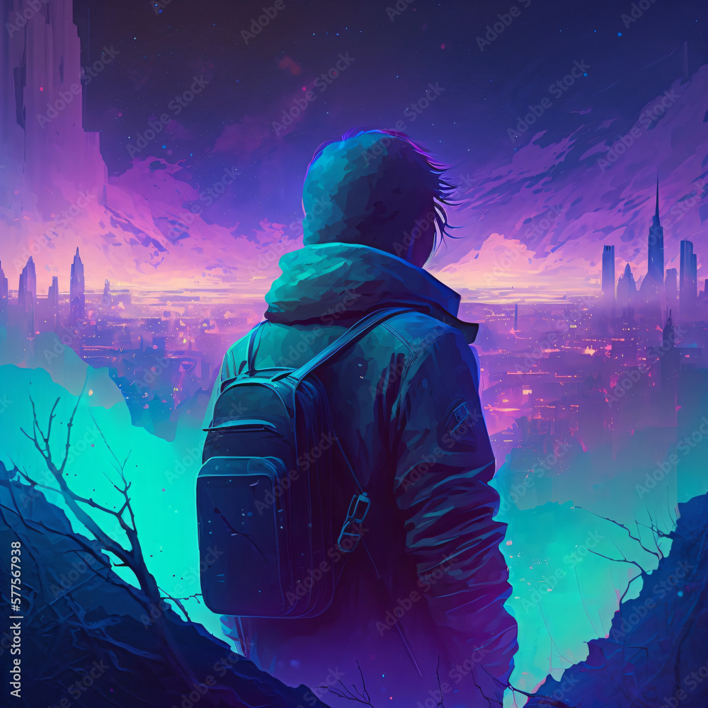 an aesthetic style portrait of a young man with a hoodie and backpack looking at a cyberpunk-style city with neon purple and blue lights Generative Ai an aesthetic style portrait of a young man with a hoodie and backpack looking at a cyberpunk-style city with neon purple and blue lights Generative Ai
