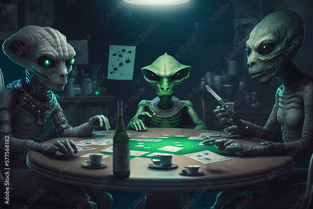 Weird aliens sitting at a table playing poker or cards in a neon lit bar. Generative AI. Weird aliens sitting at a table playing poker or cards in a neon lit bar. Generative AI.