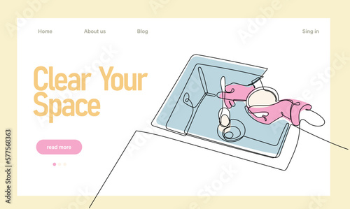 Home cleaning service landing page design concept, illustration of janitors with cleaning tools. Vector illustration