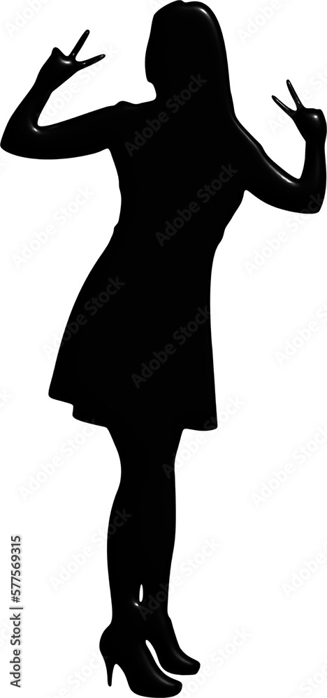 silhouette of long haired adult woman wearing dress in happy style