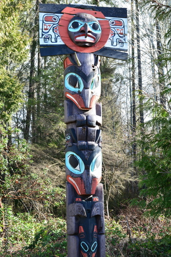 The iconic totem poles in Stanley Park in Vancouver BC, Canada. Vancouver's most visited landmark.