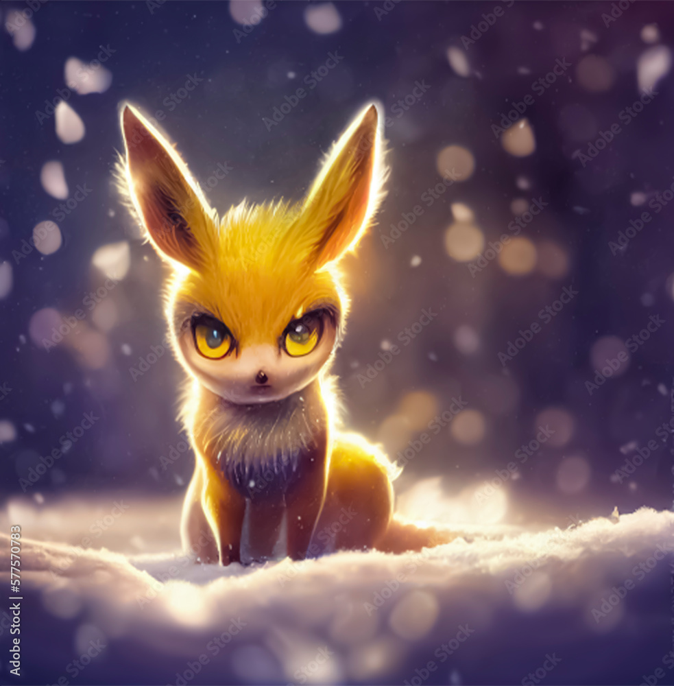 Cute fox in the middle of the falling snow.