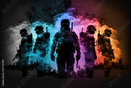 A tactical suit, colorful paint and smoke bombs for a war game. Generative A