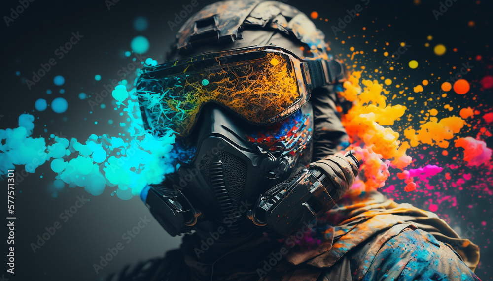 A tactical suit, colorful paint and smoke bombs for a war game. Generative A A tactical suit, colorful paint and smoke bombs for a war game. Generative A