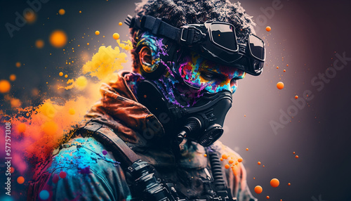 A tactical suit, colorful paint and smoke bombs for a war game. Generative AI